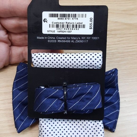 ALFANI Mens Bow Tie & Pocket Square Blue Stripe Polka Dot Satin White Pre-Tied - Picture 3 of 4